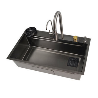 315 x 18 Drop-in Single Bowl DeerValley 304 Stainless Steel Polished Black Kitchen Sink Workstation with Accessories