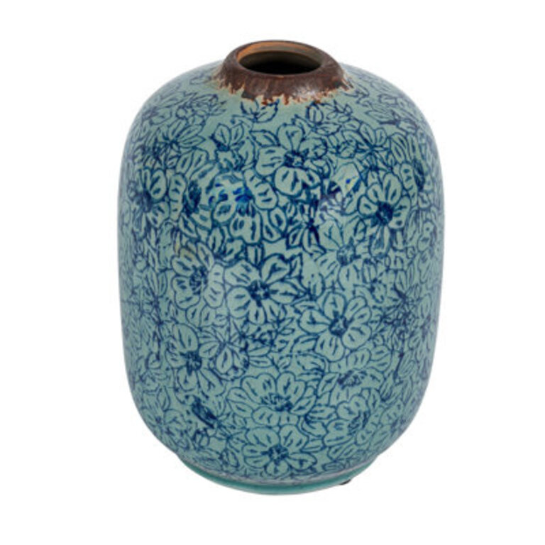 Shaila Vase With Floral Pattern Distressed Blue