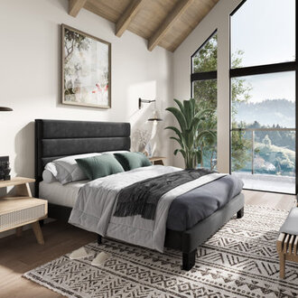 Elison Platform Bed with Fabric Upholstered Headboard and Wooden Slats