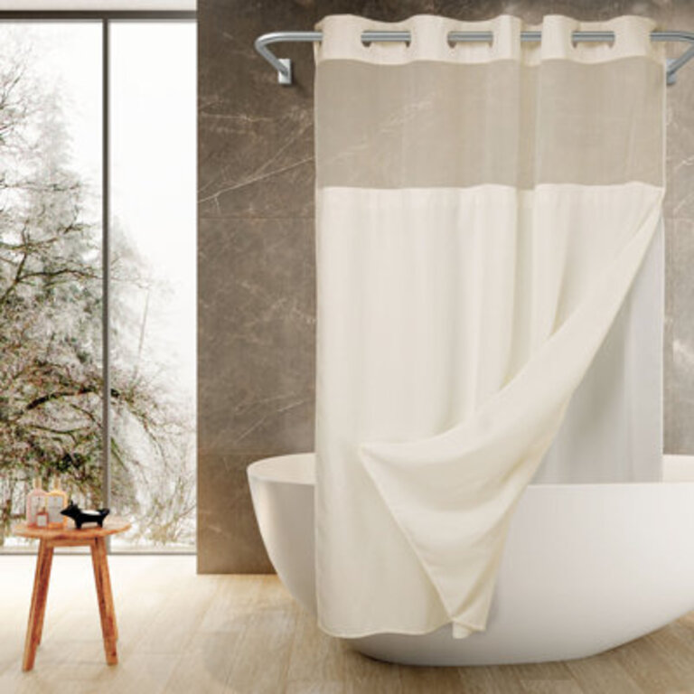 Ramjani Waffle Weave Shower Curtain With Snap in Liner Sheer Window