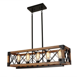 Rectangle Wood Chandelier Kitchen Lighting Fixtures5 Lights Ceiling Hanging Pendant Lighting Farmhouse