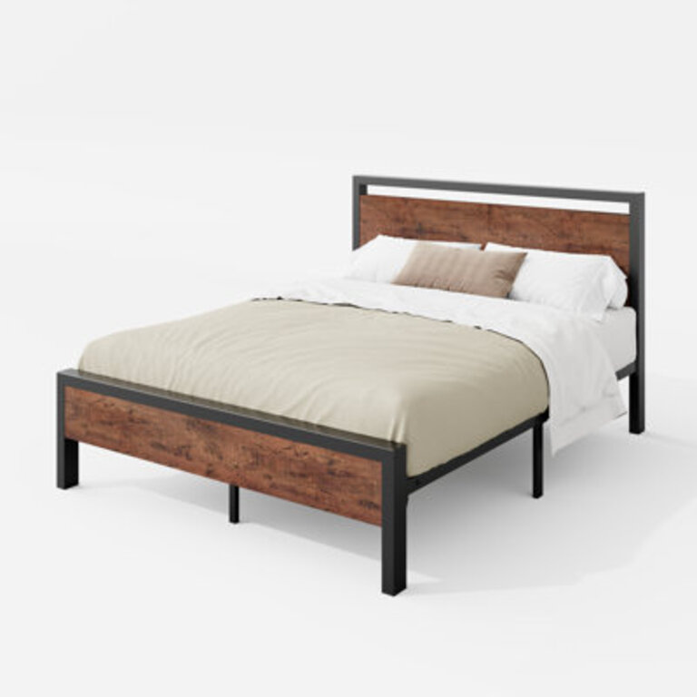 Minas Classical Metal Platform Bed Frame with Wood Headboard and Footboard