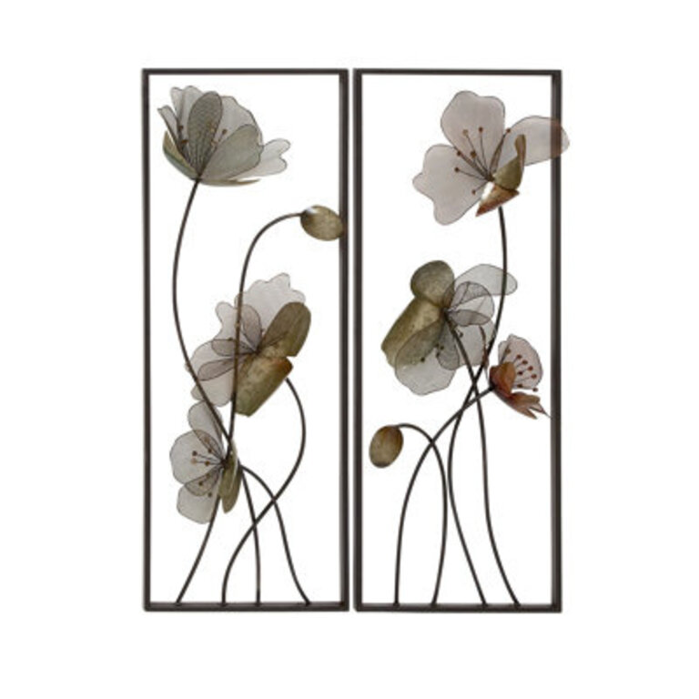 Metal Floral Black Wall Decor with Green and Orange Accents Set