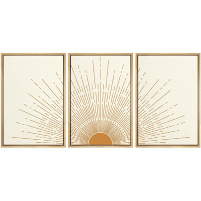Bright Orange Boho Sun Burst Artwork Mid-Century Modern Organic Minimalist Wall Pictures Framed Canvas Giclee Print 3 Pieces Wall Art