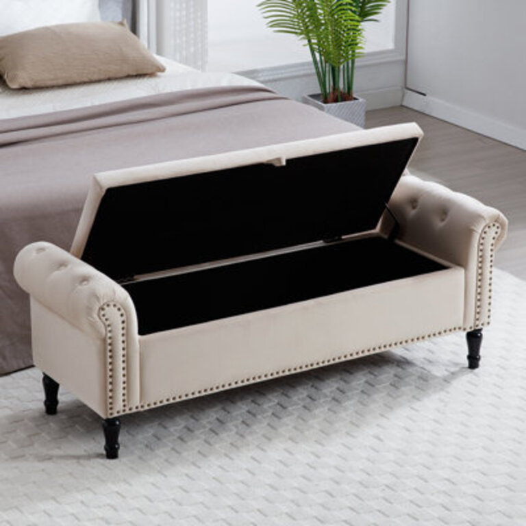 Upholstered Storage Bench for Bedroom End with Button-Tufted Seat and Roll Arms