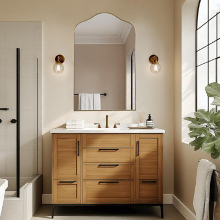 Aremi Contemporary Scalloped Arch Top Bathroom Vanity Mirror  Stainless Steel Frame