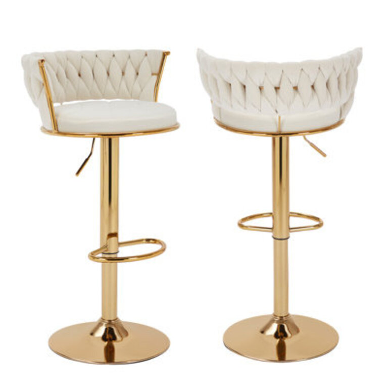 Abraham Velvet Upholstered Bar Stools with Woven Backrest Height Adjustable Counter Stools with Low Back Swivel Kitchen Stools for Kitchen Island Bar Pub