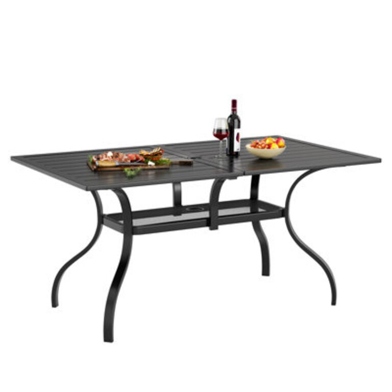 Jayc Metal Rectangular Outdoor Patio Dining Table with 165 Umbrella Hole and Bottom Storage