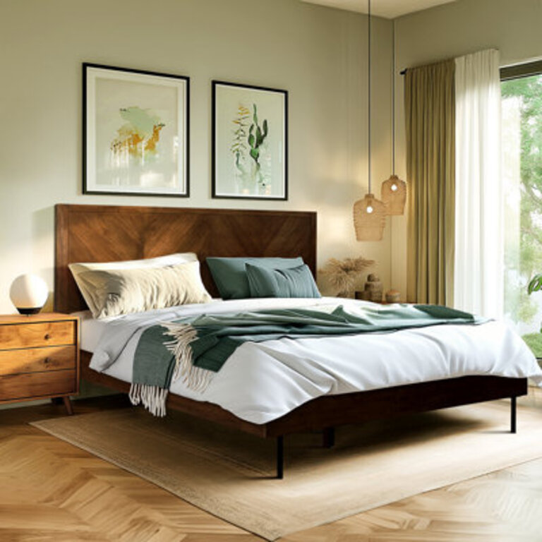 Solid Wood Bed Frame with Headboard Platform Bed Handcrafted Pattern  Scandinavian Signature Bedroom Furniture 800 lbs Capacity