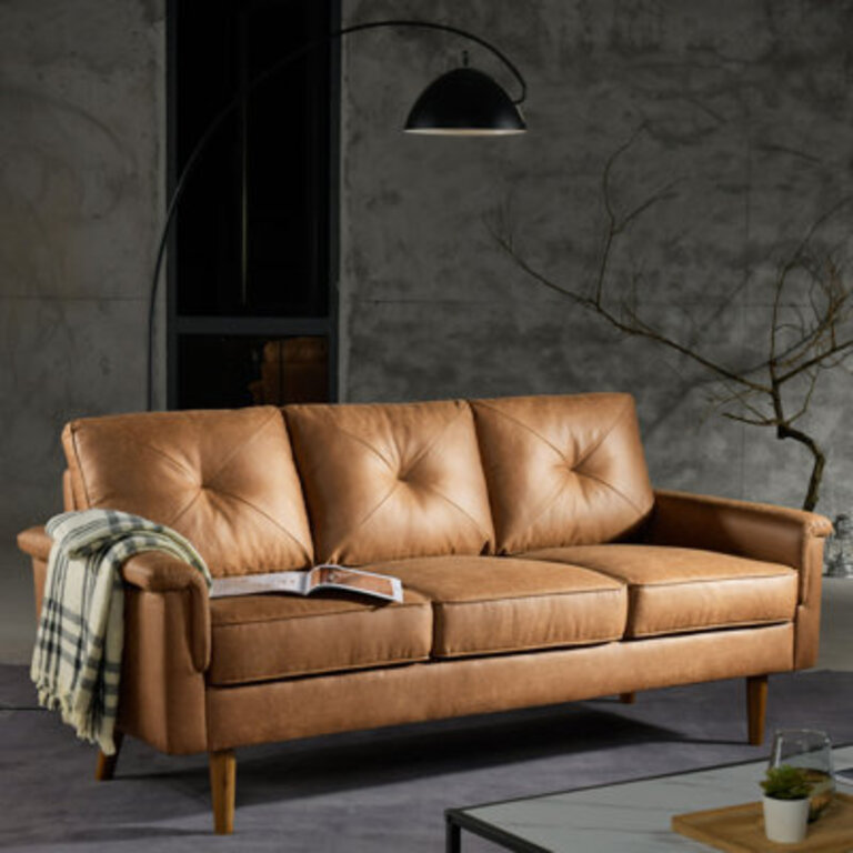 Brevick 7165 Upholstered Sofa Mid Century Flared Arm Sofa Modern Faux Leather Deep Seat Small Couch for Living Room Bedroom Office Suede Fabric