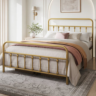 Classic Metal Platform Bed Iron Open-Frame Bed with High Headboard and Footboard