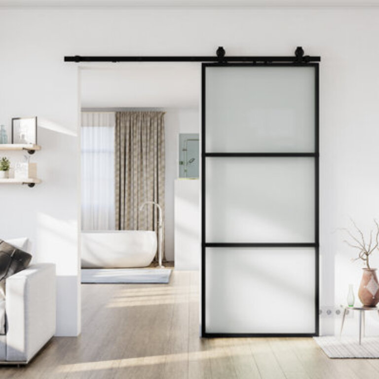 Metal and Glass Sliding Barn Door with Installation Hardware Kit  Soft-close Included