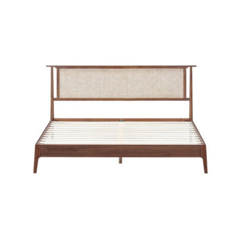 NTC Ruby Solid Wood Platform Bed with Natural Rattan Headboard and Silent Slats Mid-Century Modern Style 1000 Lb Capacity No Box Spring Needed Effortless Assembly