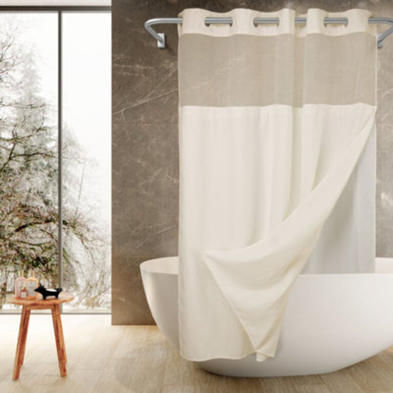 Ramjani Waffle Weave Shower Curtain With Snap in Liner Sheer Window