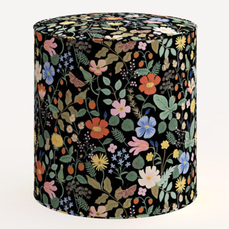 Rifle Paper Co. x Cloth & Company Billie Rifle Paper Co Billie Ottoman Fabric: Black Strawberry Fields Linen Blend