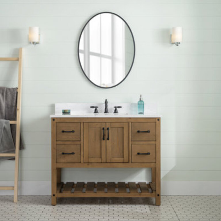 Radstock 42" Single Bathroom Vanity Set Base Finish: Antique Natural, Top Finish: Carrara White
