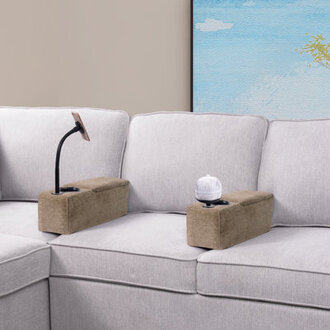 Sofa Armrest with Cupholder,Large Storage Couch Armrest with Removable Phone Stand&Reading,Beige Body Fabric: Brown Polyester Blend