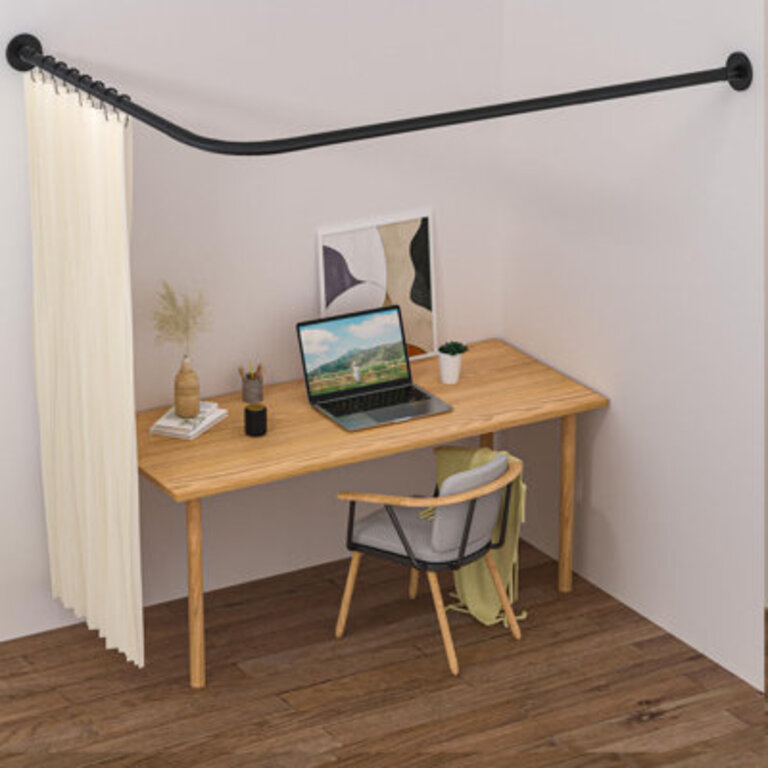 L-Shaped Stainless Steel Shower Rod, Adjustable 24-53 Inches, Drill-Free Installation, Rust-Proof, 12 Curtain Rings Included