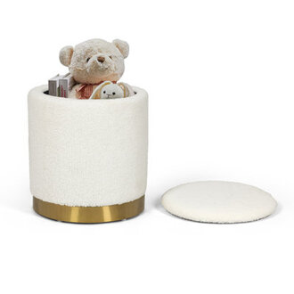 Round Lamb Wool Ottoman With Stroage Body Fabric: White Faux Fur
