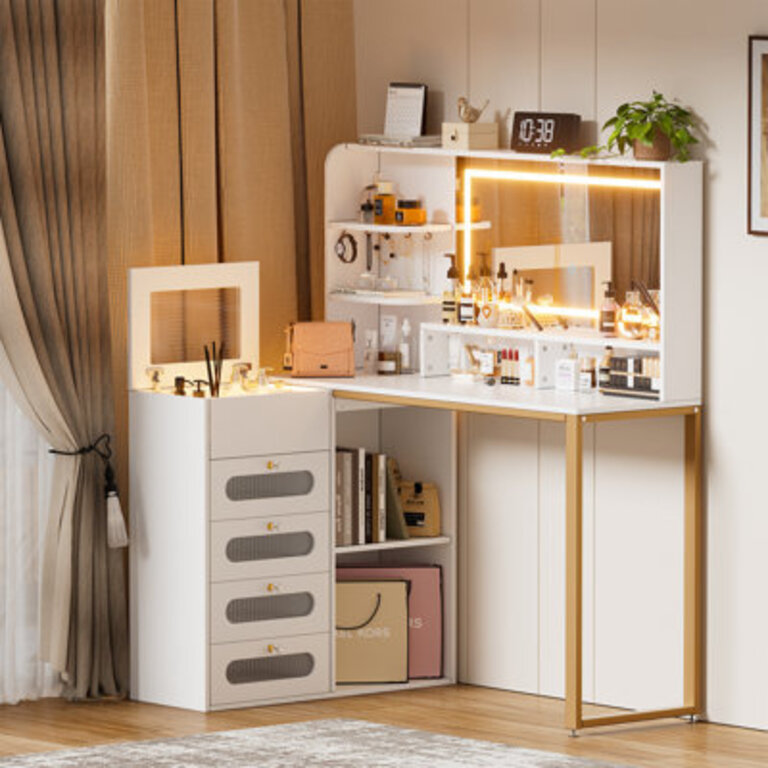 Vanity Desk With Mirror And Lights, Corner Makeup Vanity L Shaped Dressing Table