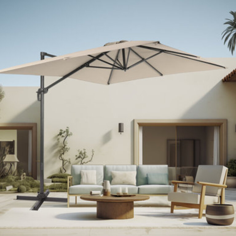 10x8ft Patio Cantilever Umbrella, Outdoor Offset Hanging 360° Rotation w/Integrated and Cross Base Fabric Color: Sand
