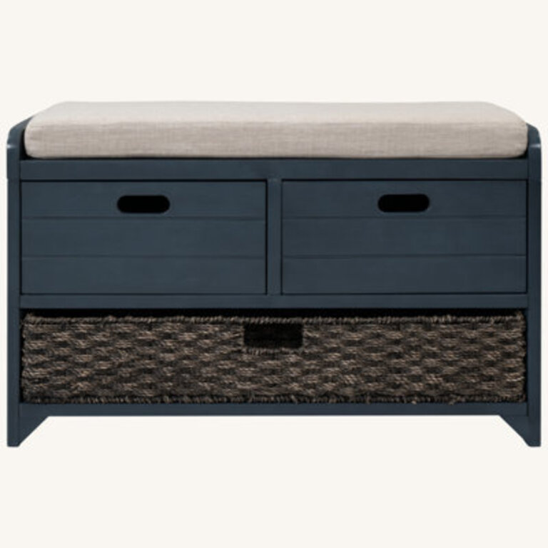 Storage Bench With Removable Basket And 2 Drawers, Fully Assembled Shoe Bench With Removable Cushion (Navy)