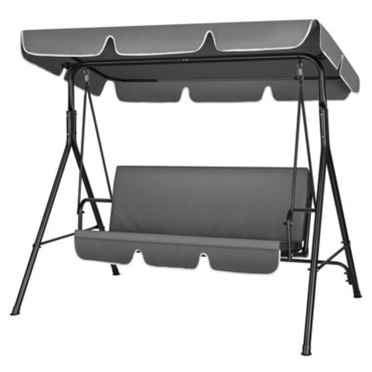 3-Person Steel Frame Porch Swing with Canopy in Gray Cushion Color: Gray