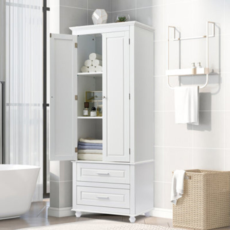 Rectangular Storage Cabinet With Drawers, Adjustable Shelves, Metal Handles