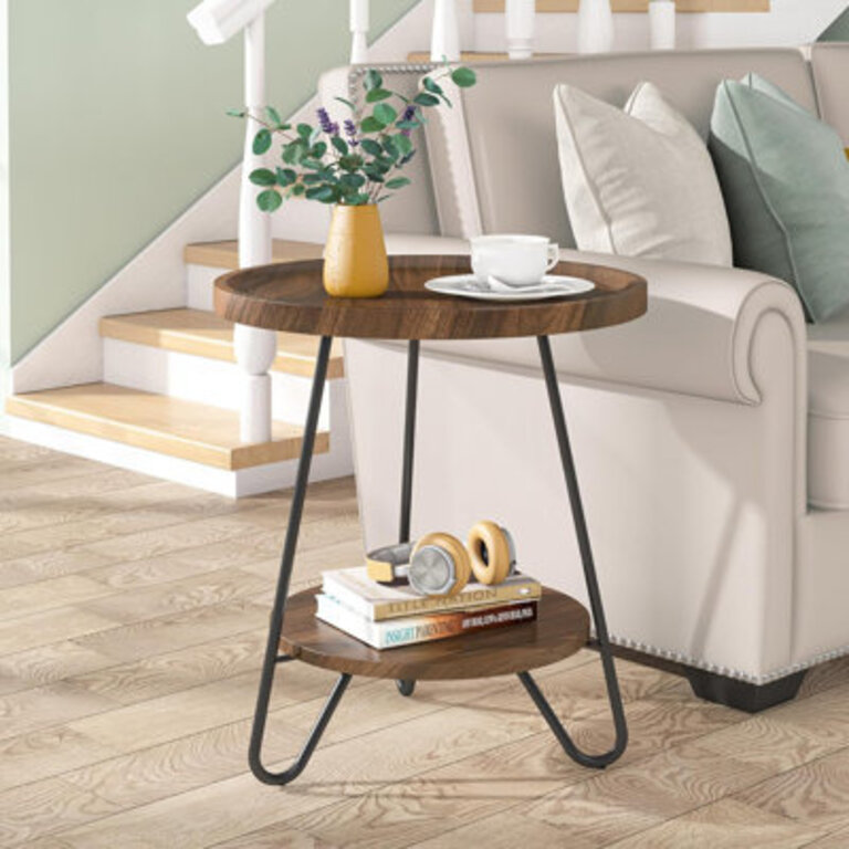20" W Round Side Table, 2-Tier End Table with Metal Legs, Modern Industrial Bedside Table Color: Dark Brown