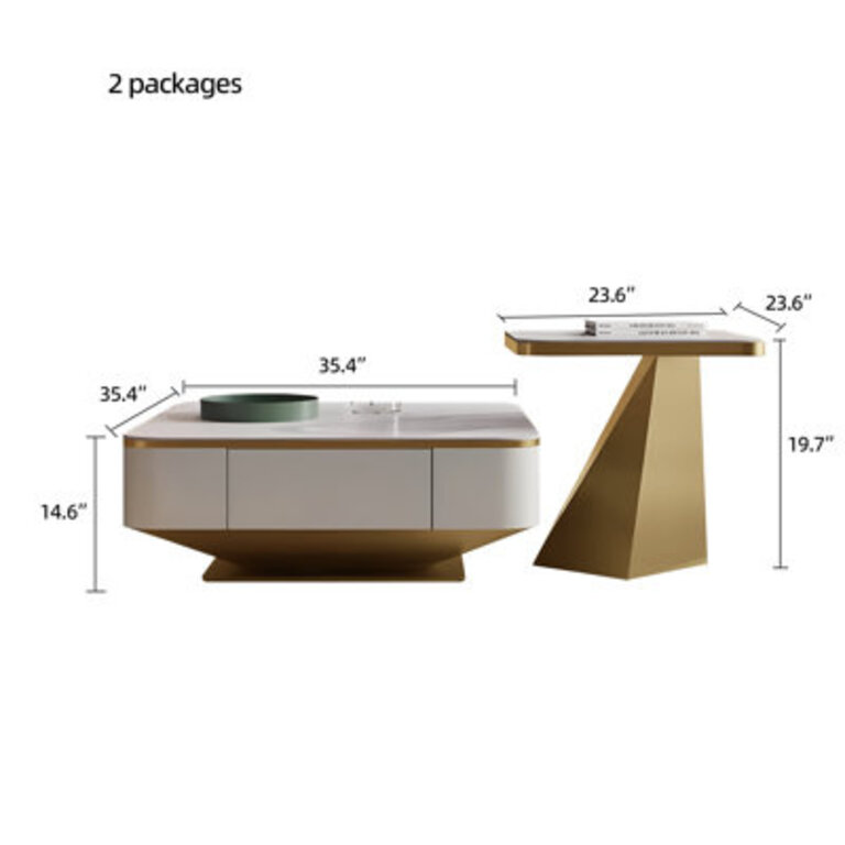 Hyrup Modern Square Storage Nesting Coffee Table with 2 Drawers Marble Countertop Table Base Color: Gold