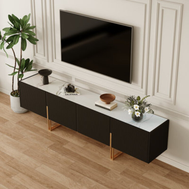 Pierpoint Modern Luxury TV Stand, Entertainment Center with Faux Marble Top, TV Console with Gold Stainless Steel Legs Color: Black, Overall Entertainment Center Width - Side to Side: 86.6''