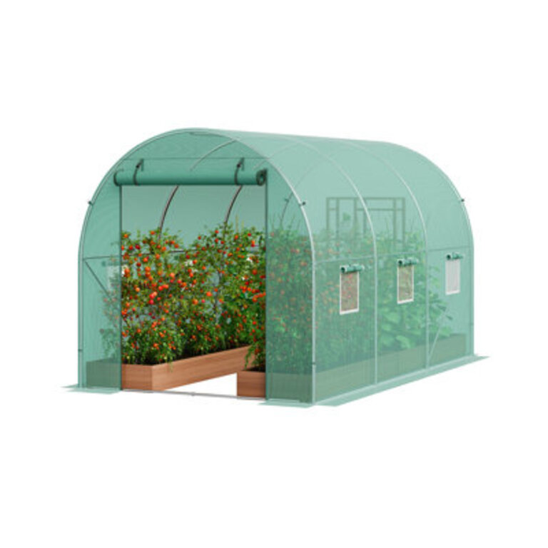 Walk-in Tunnel Greenhouse 19.36x9.68x6.5ft Galvanized Frame PE Cover Green Size: 7" H x 48" L x 11" D, Color: Green
