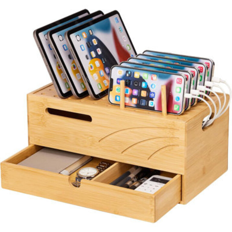 Bamboo Charging Station For Multiple Devices, Charger Station Organizer Desk Docking Station Rack For Phones Natural