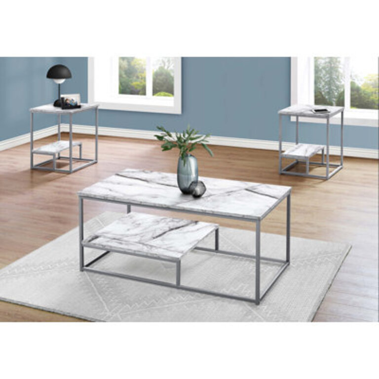 Table Set, 3pcs Set, Coffee, End, Side, Accent, Living Room, White Marble Look Laminate, Grey Metal