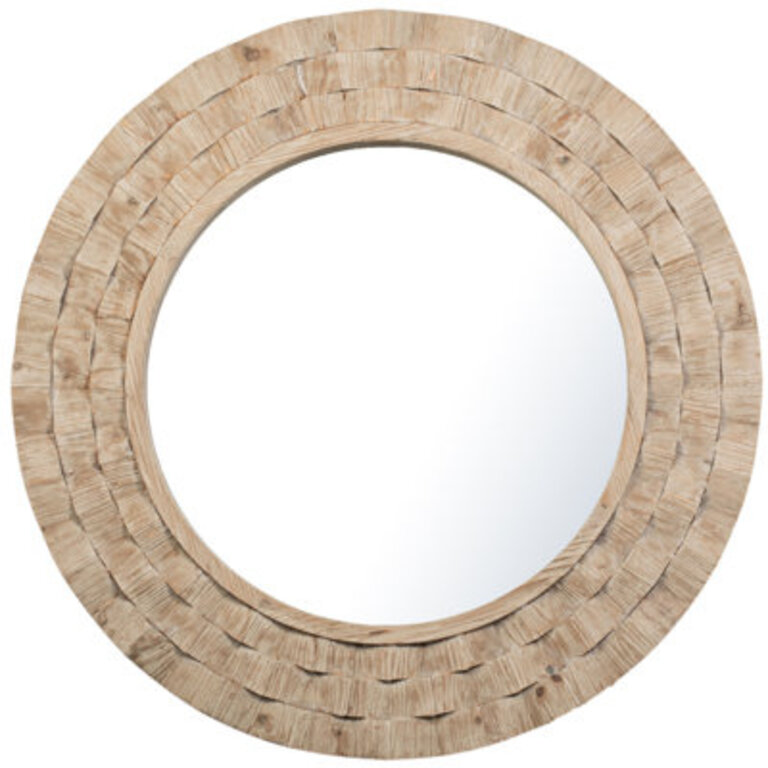 Rosalie 39" Round Pine Wood Hanging Mirror, Light Warm Wash