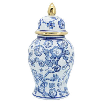 Nina 14" Ceramic Temple Jar with Lid Contemporary Vintage Style Blue and White Chinoiserie Floral Design