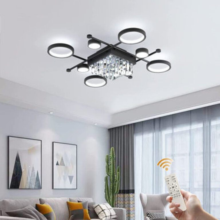 Modern Ceiling Light Crystal Flush Mount Led Chandelier Metal Dimmable Ring Ceiling Lamp With Remote Control Black Nordic Ceiling Lighting For Living Dining Room Bedroom Dining Room, 8Head