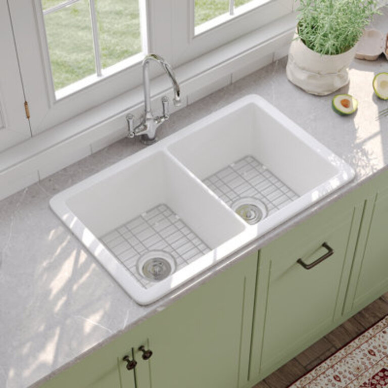 Farmhouse Sink 32" Double Bowl Undermount/Drop in Kitchen Sink with Basket Strainer and Sink Grid