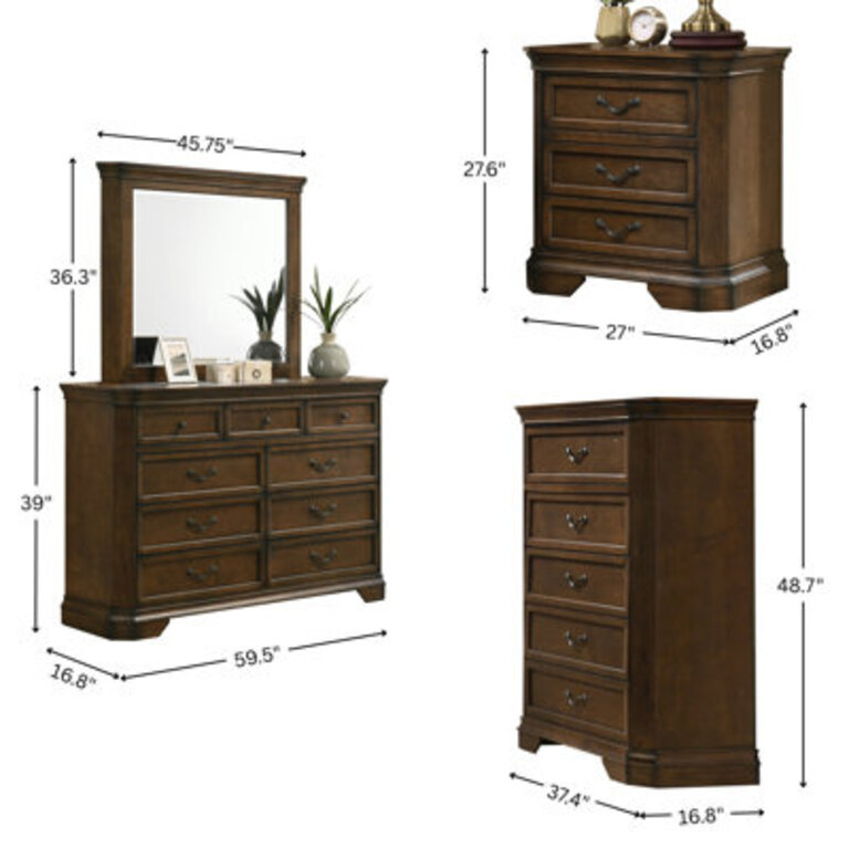 Ailany Traditional Wood Panel Bed With Dresser Mirror Nightstand Chest Queen Antique Walnut Finish