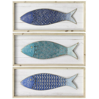 3 Piece School of Metal Fish Wood Panels Wall Decor Set