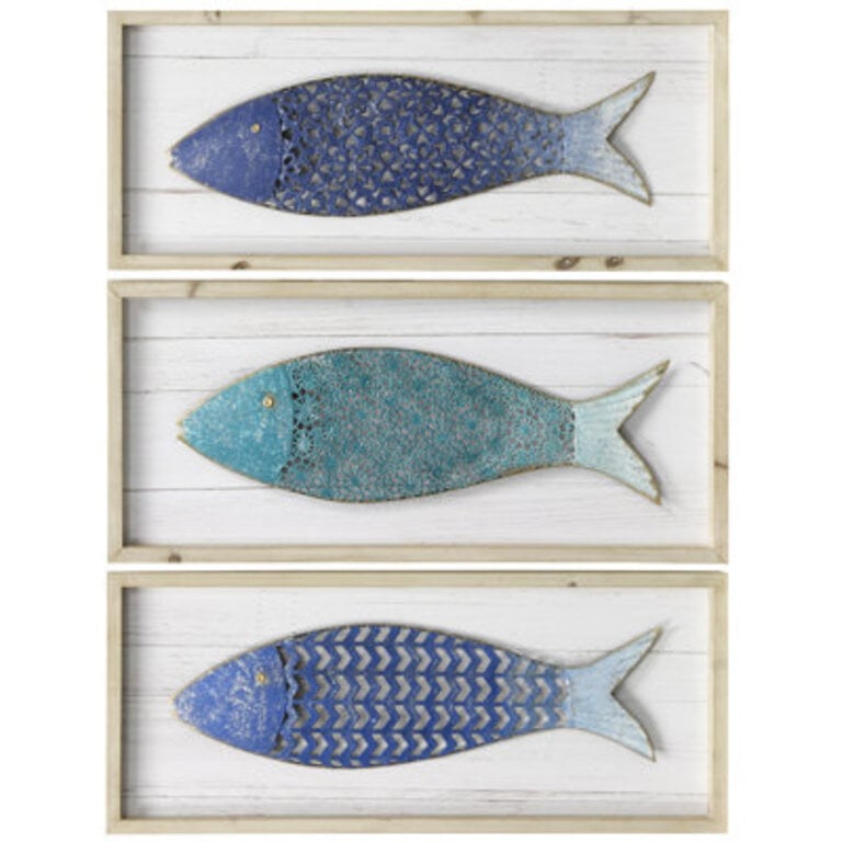 3 Piece School of Metal Fish Wood Panels Wall Decor Set