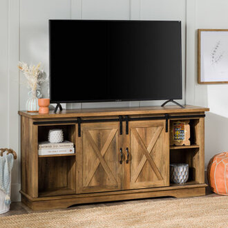 Carterton 58" Sliding Door TV Stand for TVs up to 65" Color: Rustic Oak, Overall Entertainment Center Width - Side to Side: 65" W