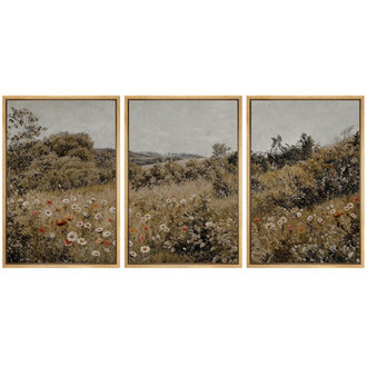 Summer Wildflower Lush Floral Landscape Illustration Modern Decor Relax Calm Chic  3 - Pieces on Canvas