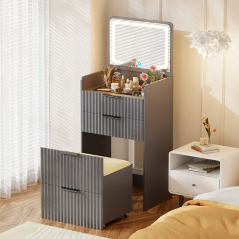 Compact Vanity Desk With Flip-up Led Mirror, Glass Drawer, And Hidden Stool Storage Color: Gray