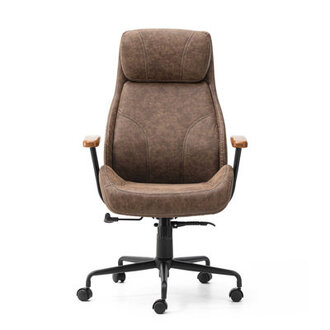 Mid-Century Modern Coffee Leatherette Gaslift Adjustable Swivel High Back & Armrest Office Chair-Wooden Armrest