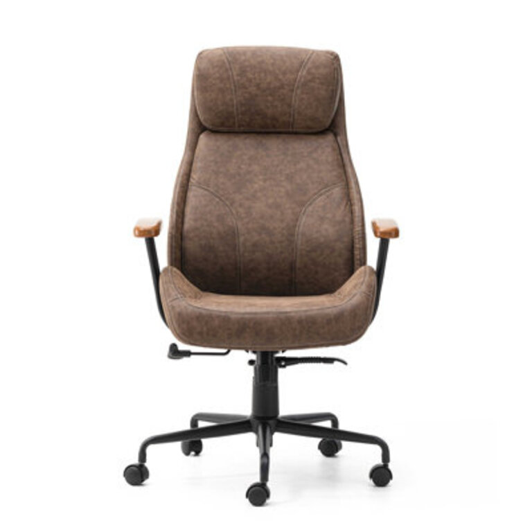 Mid-Century Modern Coffee Leatherette Gaslift Adjustable Swivel High Back & Armrest Office Chair-Wooden Armrest
