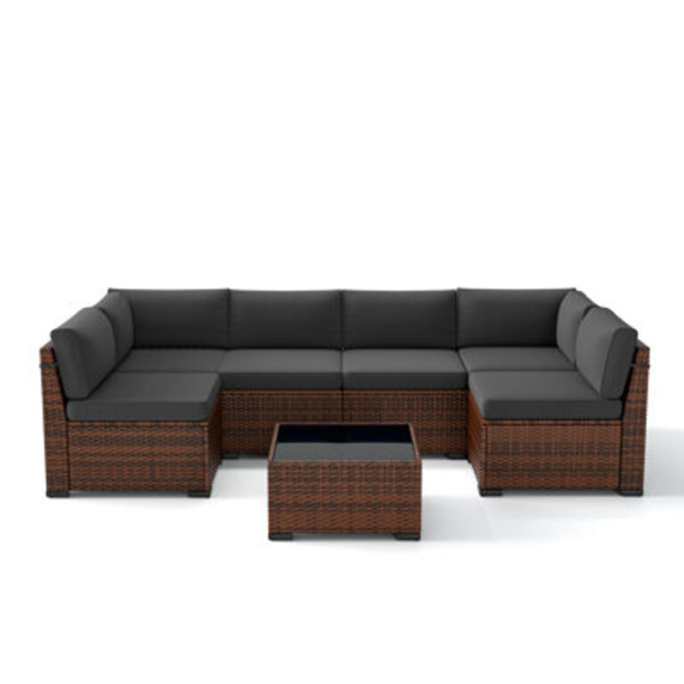 Syid 6 - Person Outdoor Slanted-Back Sectional Sofa With Coffee Table Cushion Color: Charcoal, Firepit Included: No