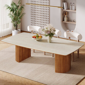 Dining Table With Unique Travertine Slab Top And Semi-Circular Stripe Base 1 item 2 packages