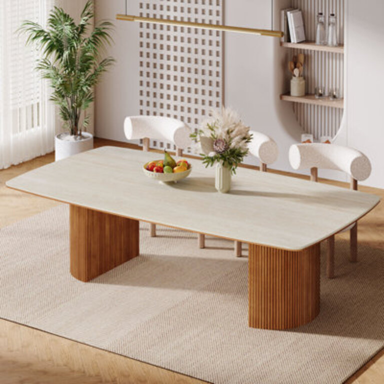 Dining Table With Unique Travertine Slab Top And Semi-Circular Stripe Base 1 item 2 packages