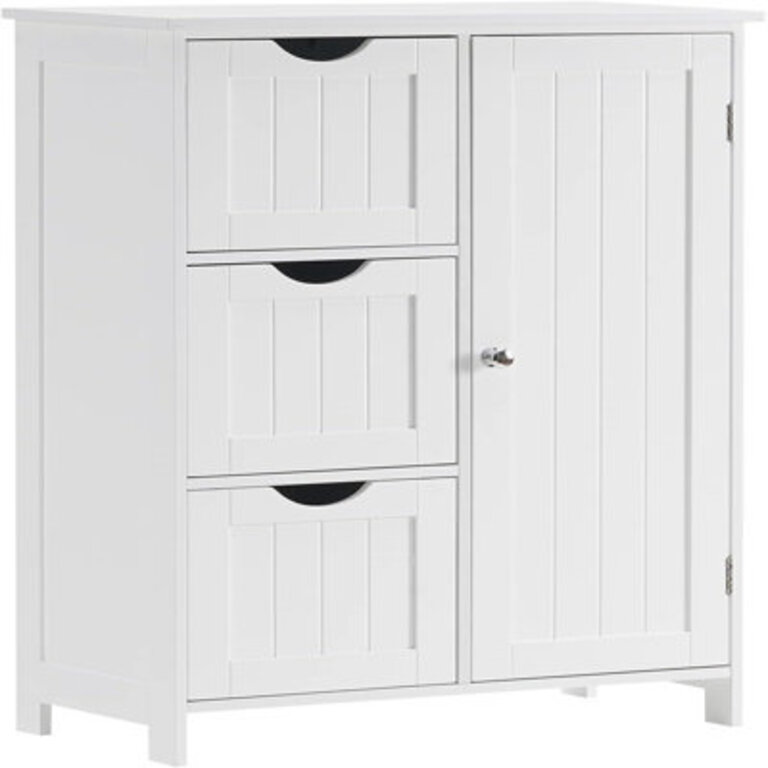 Bathroom Floor Cabinet, Wooden Freestanding Storage Cabinet, Side Storage Organizer With 1 Cupboard And 3 Drawers, Adjustable Shelf, 23.6" L X 11.8" W X 31.9" H Finish: White